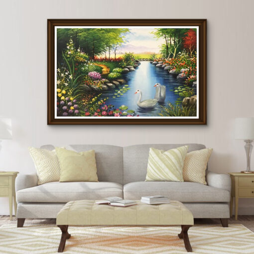 Tranh sơn dầu phong cảnh đôi thiên nga SD431