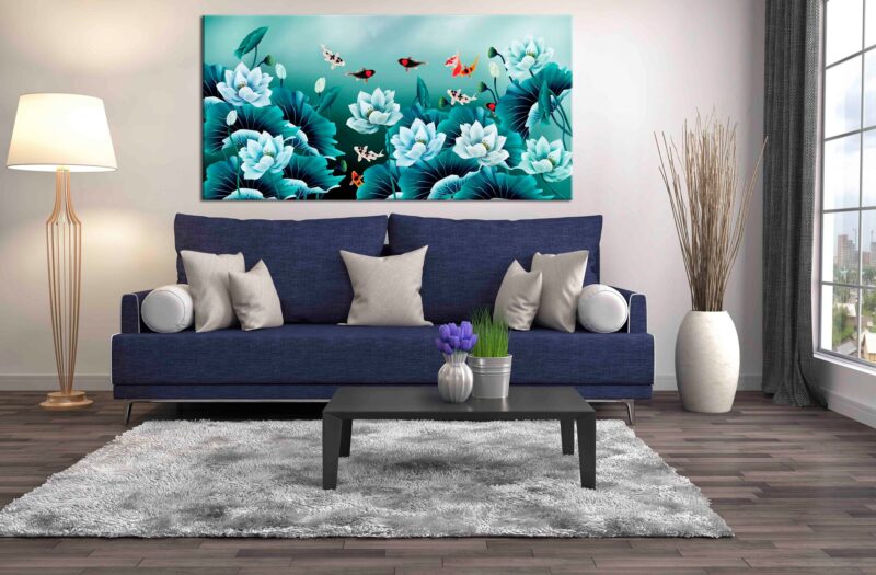 Tranh in vải canvas cửu ngư quần hội CV525