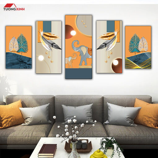 Tranh bộ tráng gương 5 tấm Voi 3D Trừu Tượng TG1522