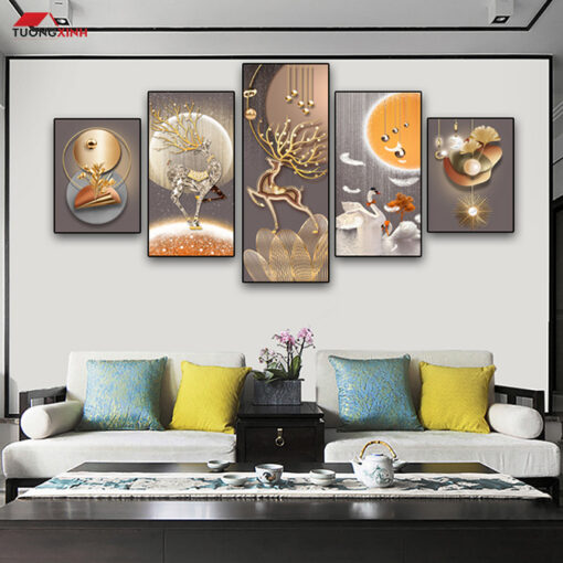 Tranh bộ tráng gương 5 tấm Hươu 3D Trừu Tượng TG1534