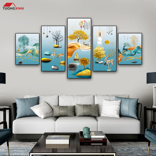 Tranh bộ tráng gương 5 tấm Hươu Phong Cảnh Nghệ Thuật TG1547