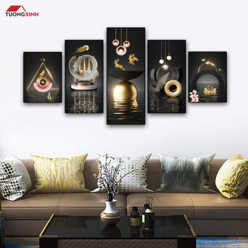 Tranh bộ tráng gương 5 tấm Hươu 3D Trừu Tượng TG1549