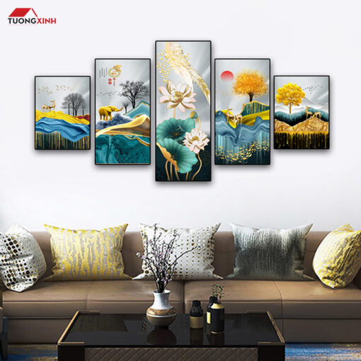 Tranh bộ tráng gương 5 tấm Hươu Phong Cảnh Nghệ Thuật TG1552