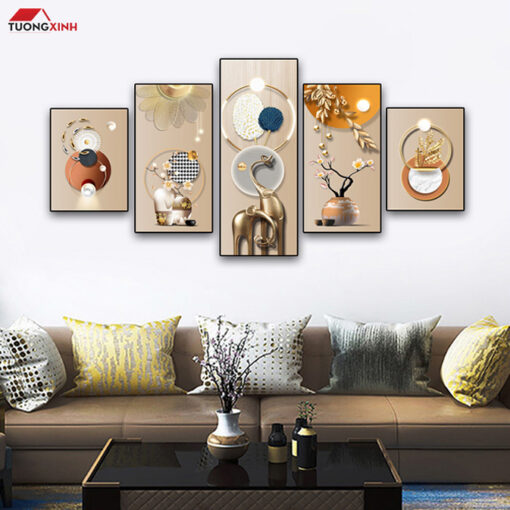 Tranh bộ tráng gương 5 tấm Voi 3D Trừu Tượng TG1561