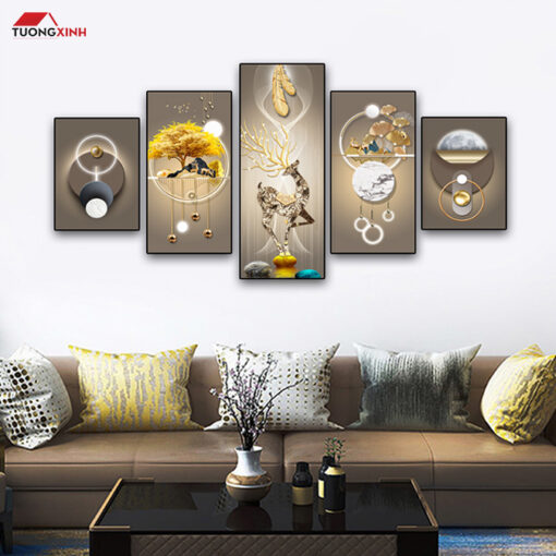 Tranh bộ tráng gương 5 tấm Hươu 3D Trừu Tượng TG1565