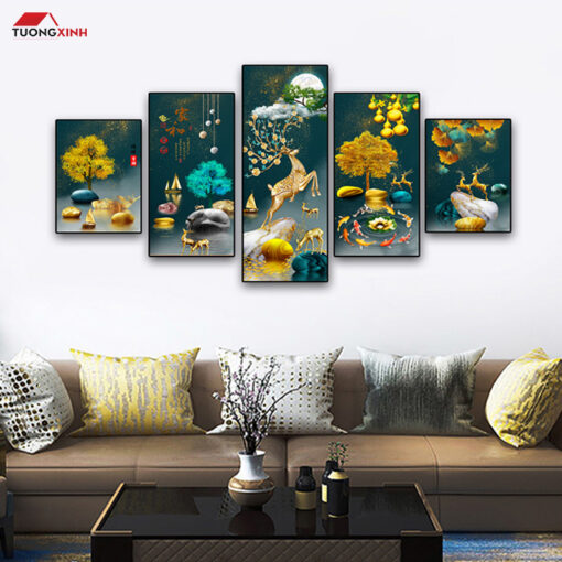 Tranh bộ tráng gương 5 tấm Hươu Phong Thuỷ Tài Lộc TG1555