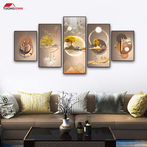 Tranh bộ tráng gương 5 tấm Hươu 3D Trừu Tượng TG1570