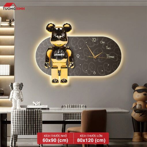 Tranh tráng gương đèn LED, Gấu Bearbrick Đồng Hồ LD33