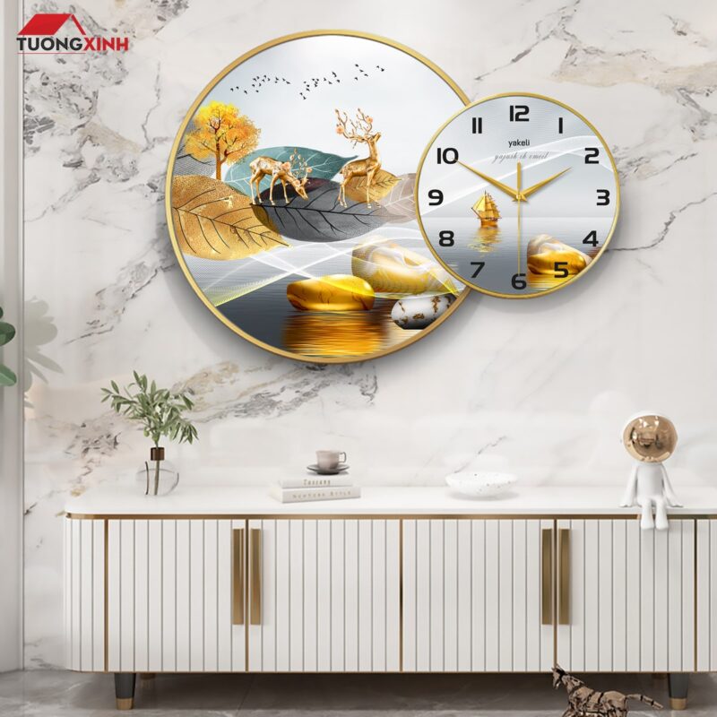 Tranh tráng gương đồng hồ Hươu Phong Cảnh 3D Nghệ Thuật TG1595