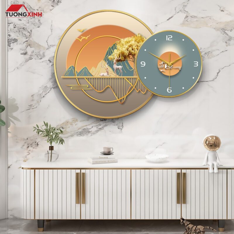 Tranh tráng gương đồng hồ Hươu 3D hiện đại TG1592