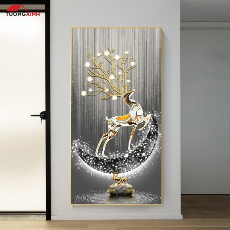 Tranh tráng gương Hươu 3D hiện đại trang trí hành lang chiếu nghỉ TG1617