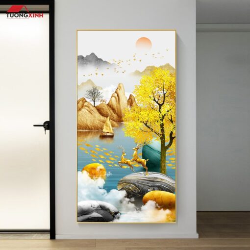 Tranh tráng gương Hươu 3D hiện đại trang trí hành lang chiếu nghỉ TG1619
