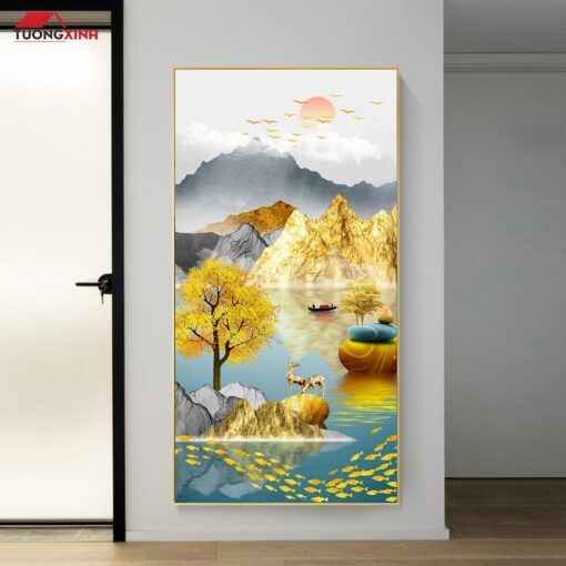 Tranh tráng gương Hươu 3D hiện đại trang trí hành lang chiếu nghỉ TG1620