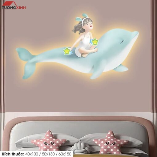 Tranh tráng gương đèn LED, Bé Gái và Cá Heo 3D LD81