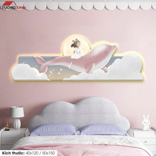 Tranh tráng gương đèn LED, Cô gái và Cá Voi LD129
