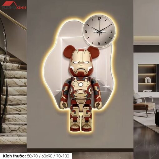 Tranh tráng gương đèn LED đồng hồ, Gấu Bearbrick LD153