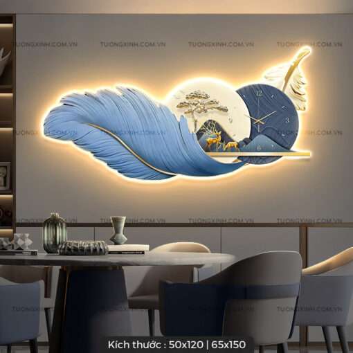 Tranh LED đồng hồ lông vũ nghệ thuật trang trí phòng khách LD328