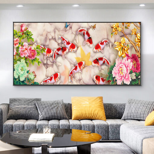 Tranh tráng gương cửu ngư quần hội trang trí phòng khách TG3128