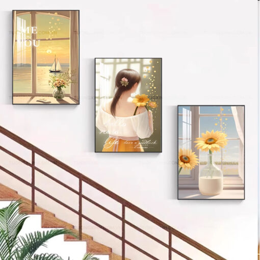 Tranh cô gái và hoa trang trí cầu thang CT1857
