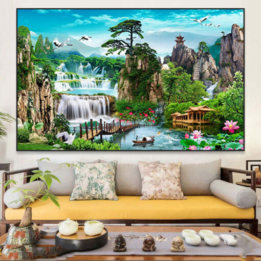 Tranh tráng gương sơn thủy hữu tình trang trí phòng khách TG2844