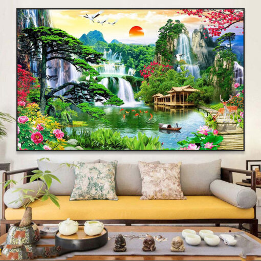 Tranh tráng gương sơn thủy hữu tình trang trí phòng khách TG2847