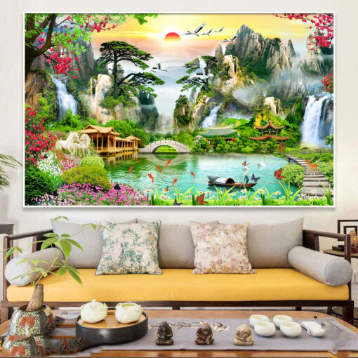 Tranh tráng gương sơn thủy hữu tình trang trí phòng khách TG2848