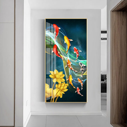 Tranh tráng gương cửu ngư và hoa sen trang trí phòng khách TG3088