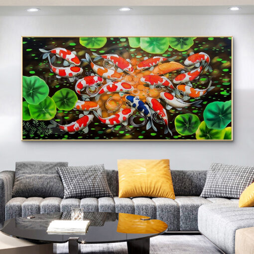 Tranh tráng gương cửu ngư và hoa sen trang trí phòng khách TG3131