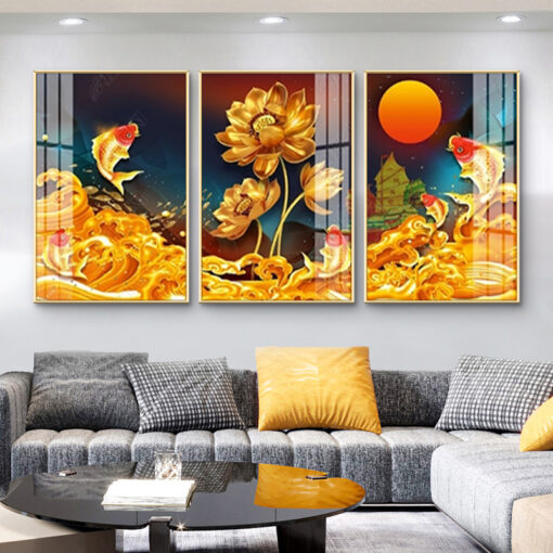 Tranh tráng gương cửu ngư quần hội trang trí phòng khách TG3122