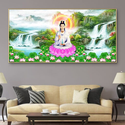 Tranh tráng gương quan âm bồ tát ngồi trên tòa sen TG3059
