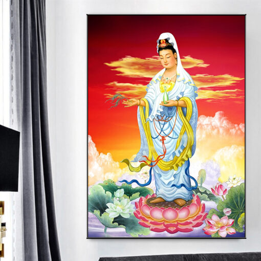 Tranh tráng gương quan âm bồ tát trên tòa sen TG3055