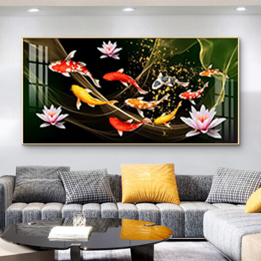 Tranh tráng gương cửu ngư quần hội trang trí phòng khách TG3132