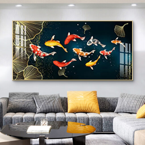 Tranh tráng gương cửu ngư và hoa sen trang trí phòng khách TG3133