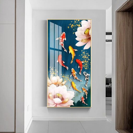 Tranh tráng gương cửu ngư và hoa sen trang trí phòng khách TG3100