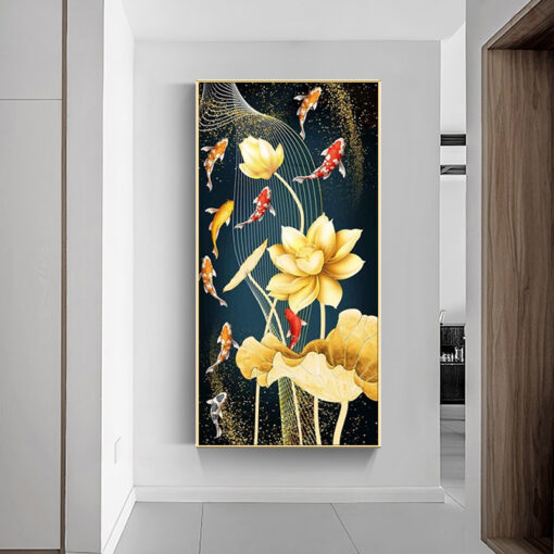 Tranh tráng gương cửu ngư và hoa sen trang trí phòng khách TG3106