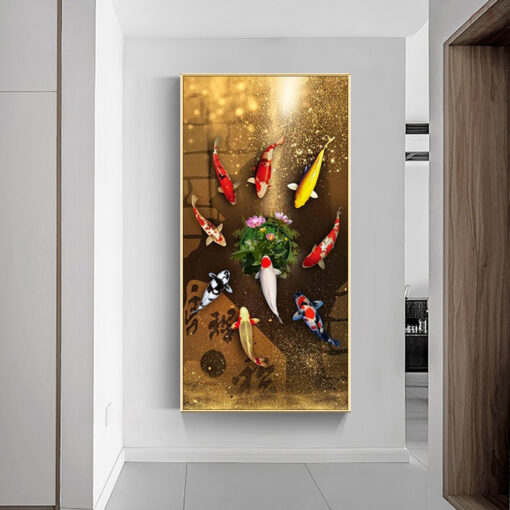 Tranh tráng gương cửu ngư và hoa sen trang trí phòng khách TG3108