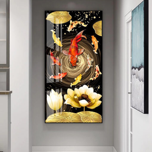 Tranh tráng gương cửu ngư và hoa sen trang trí phòng khách TG3102