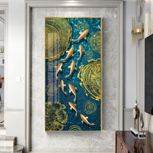 Tranh tráng gương cửu ngư và hoa sen trang trí phòng khách TG3104