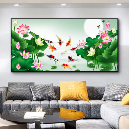 Tranh tráng gương cửu ngư và hoa sen trang trí phòng khách TG3129