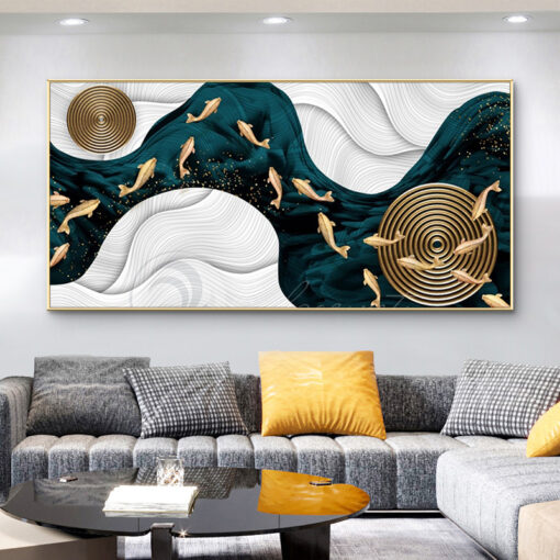 Tranh tráng gương cửu ngư quần hội trang trí phòng khách TG3130