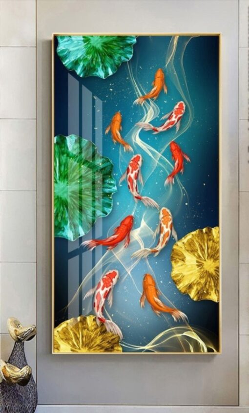 Tranh tráng gương cửu ngư và hoa sen trang trí phòng khách TG3094