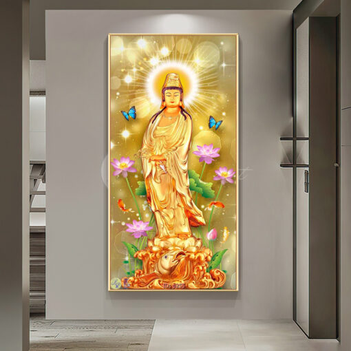 Tranh tráng gương quan âm bồ tát và hoa sen TG3062