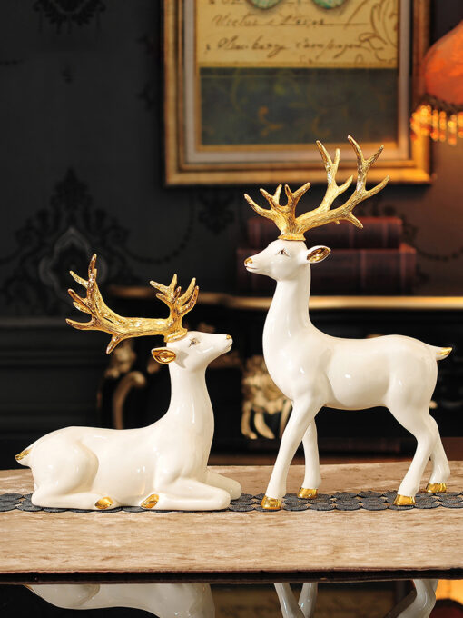 Tượng trang trí hươu sừng vàng tráng men cao cấp GS29