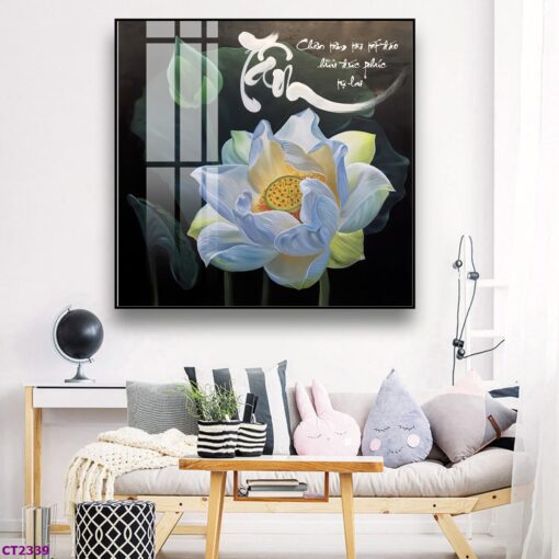 Tranh tráng gương chữ pháp và hoa sen trang trí phòng khách TG3255