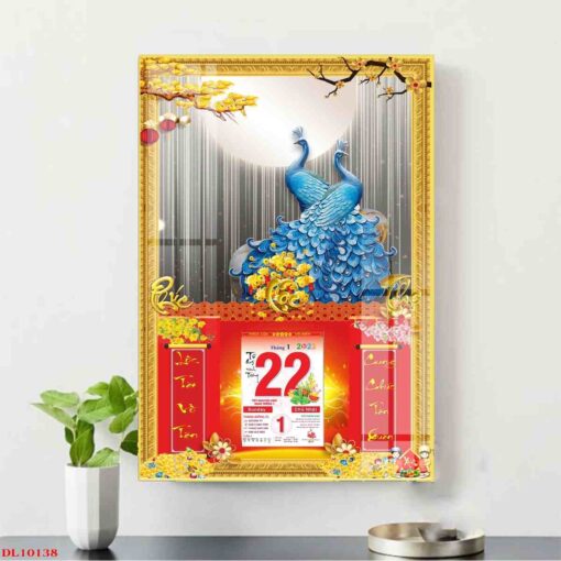 Tranh lịch đôi chim công nghệ thuật treo tường TL75