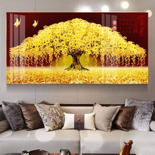 Tranh tráng gương cây đồng tiền vàng trang trí phòng khách TG3230