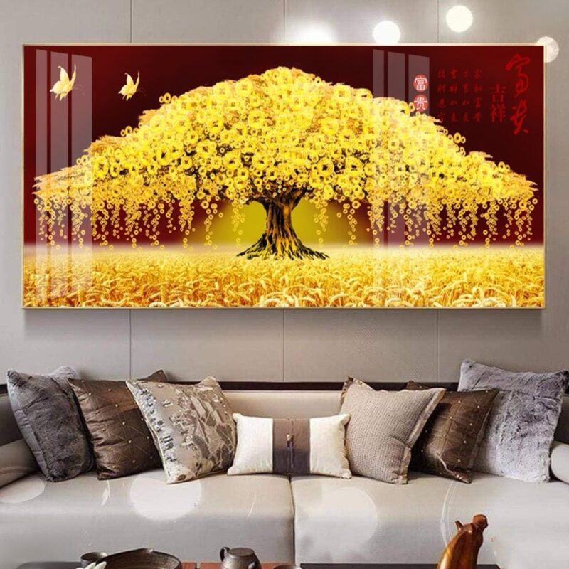 Tranh tráng gương cây đồng tiền vàng trang trí phòng khách TG3230