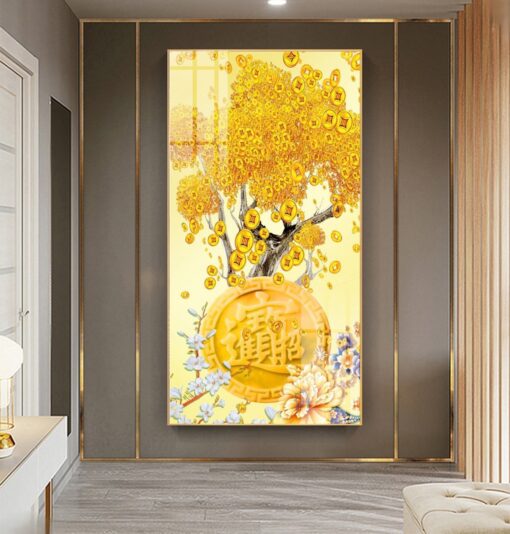 Tranh tráng gương cây đồng tiền vàng trang trí phòng khách TG3233