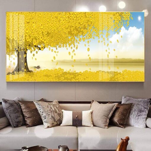 Tranh tráng gương cây đồng tiền vàng trang trí phòng khách TG3234