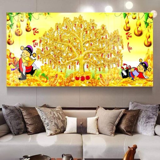 Tranh tráng gương cây đồng tiền vàng thu hút tài lộc trang trí phòng khách TG3235